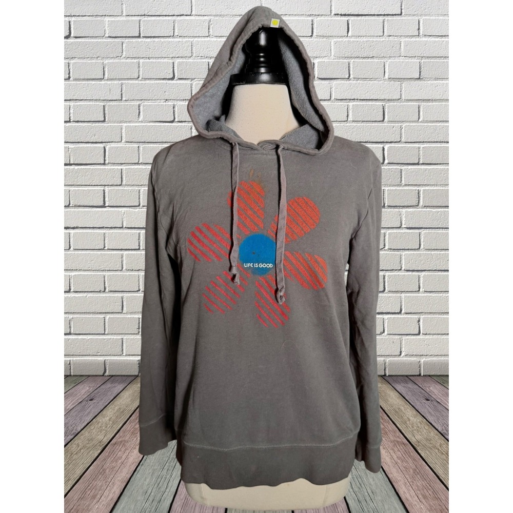 Life is Good Gray Hoodie Sweatshirt Sz M Womens Raspberry Pink Blue Daisy Logo